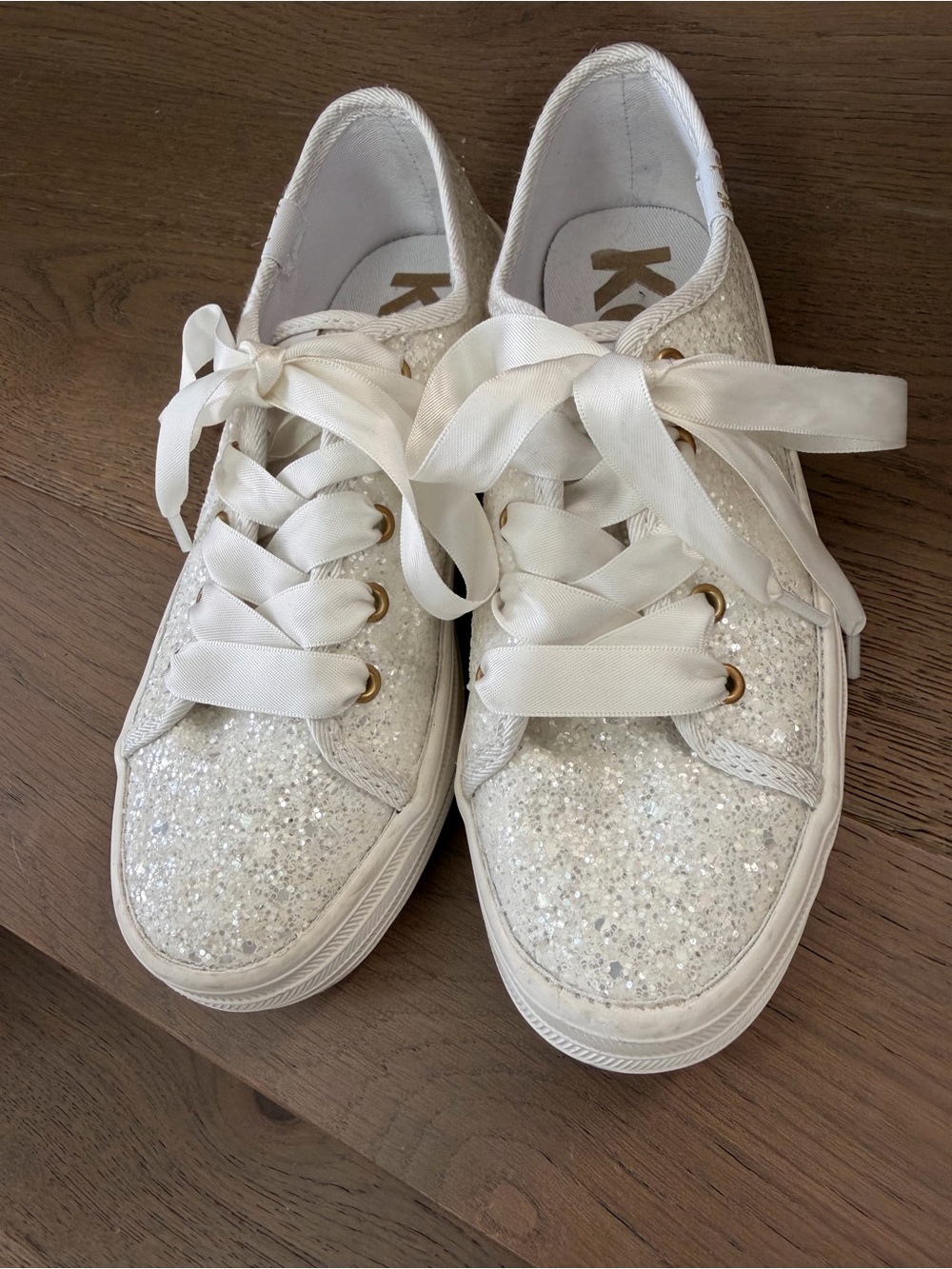 Keds Girls Sparkle Glitter Sneakers in White with Gold Eyelets